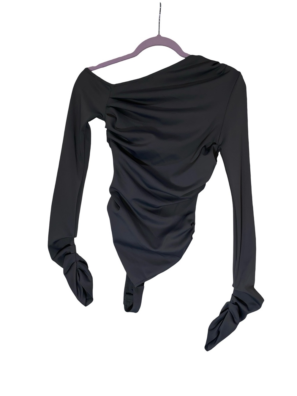 Maniere de voir Asymmetric Off-Shoulder Ruched Long Sleeve Top Gray Bodysuit - Picture 6 of 6
